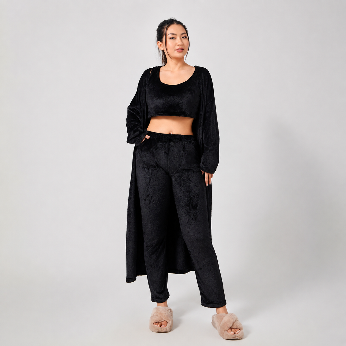 Cloudy Days™ 3-Piece Cozy Lounge Set – Matching Crop Top, Wide-Leg Pants & Cardigan